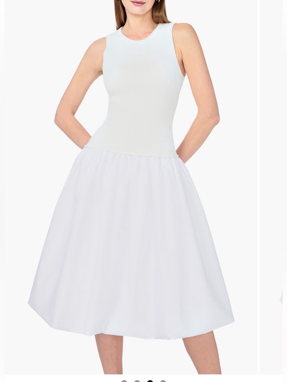 1 STATE RIBBED BODICE FLARED MIDI DRESS WHITE LARGE
